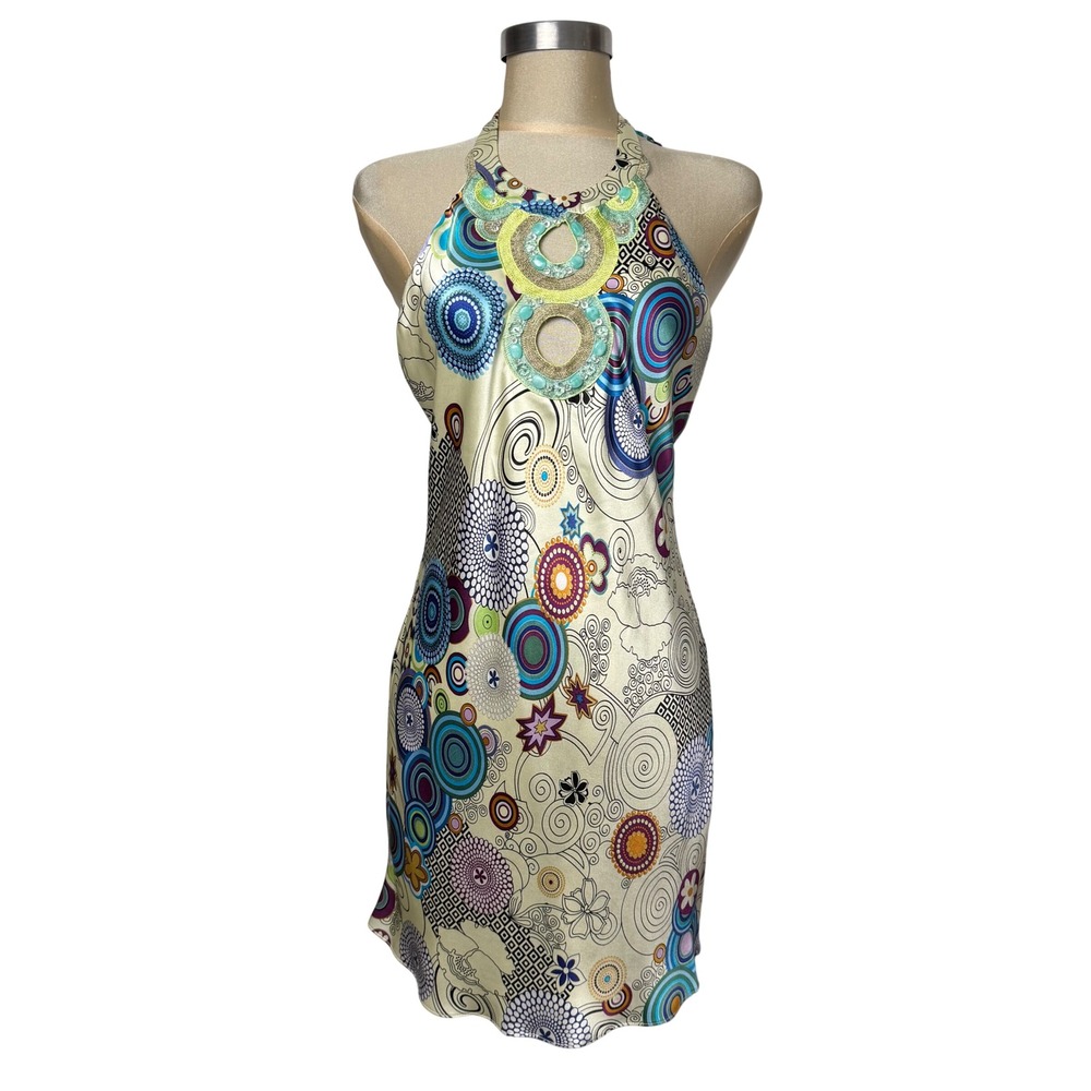 Single Dress 100% Silk Halter Mini Dress Multi Color Geometric Print Size M